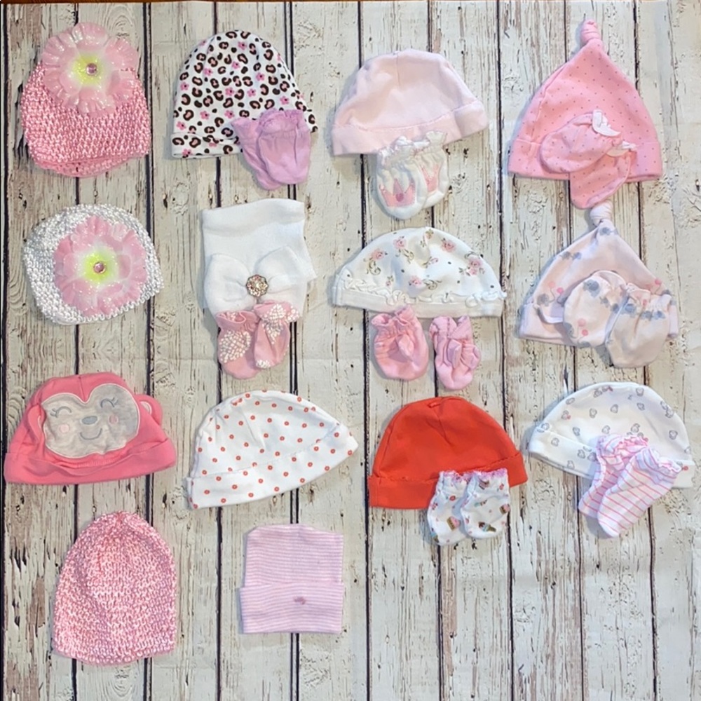14 Baby Girl Hats & 10 Sets of Hand Mittens